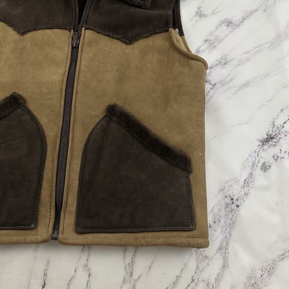 River Mens Vintage 70s Suede Sherpa Lined Vest Size 44 XL Brown Patchwork West - Picture 3 of 10